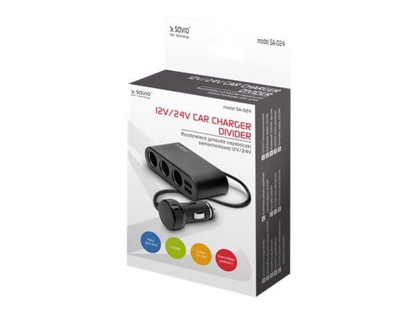 SAVIO SA-024 - Strømadapter for bil - 120 Watt - 3,1 A - 5 utgangskontakter (2 x USB, 3 x sigarettenner) - svart