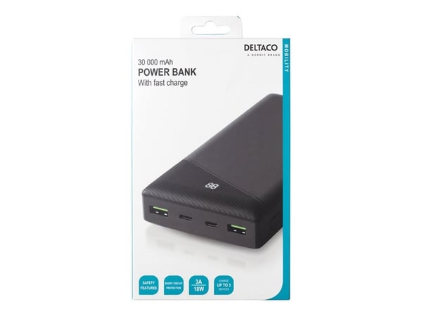 DELTACO PB-C1002 - Strømbank - 30000 mAh - 111 Wh - 18 watt - 3 A - Fast Charge - 3 utgangskontakter (USB, USB-C) - svart