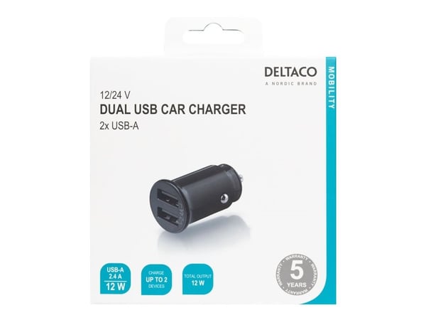 DELTACO USB-CAR124 - Bilstrømadapter - 12 watt - 2.4 A - 2 utgangskontakter (USB) - svart
