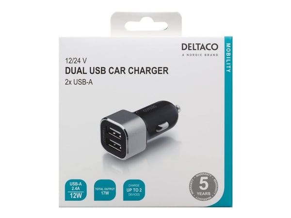 Deltaco USB-CAR126, Auto, Tupakansytytin, Musta, Hopea
