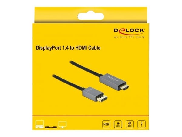 Delock - Adapterkabel - DisplayPort hann til HDMI hann - 3 m - grå, svart - 4K-støtte, aktiv