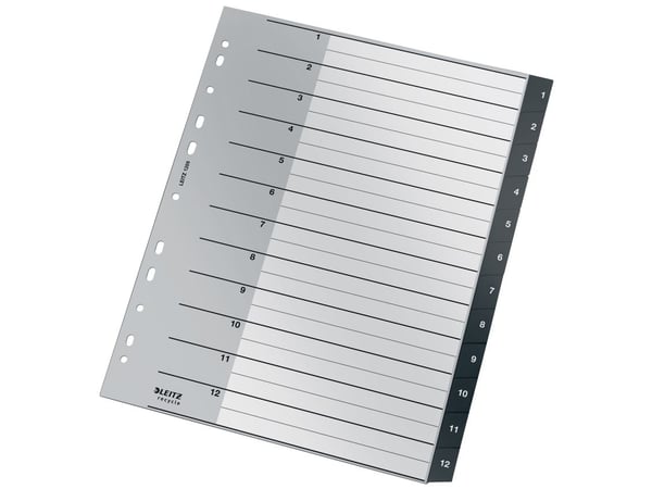 Leitz 12090000, Tyhjä välilehtihakemisto, Polypropeeni (PP), Musta, Valkoinen, Muotokuva, A4, 160 g/m²