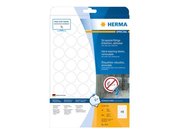 HERMA Special - Matt - fjernbart selv-adhesiv - hvit - 30 mm rund 960 etikett(er) (20 ark x 48) filmetiketter