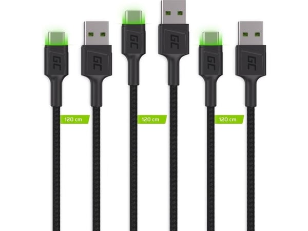 Green Cell GC Ray - USB-kabel - USB-C (hann) grønn LED-belysning til USB (hann) - USB 2.0 - 2.4 A - 2 m - svart (en pakke 3)