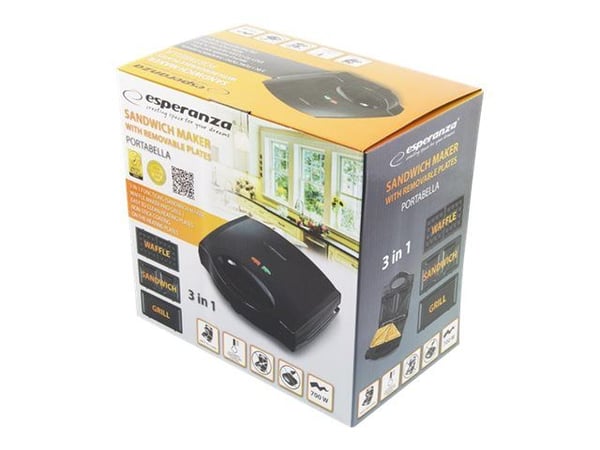 Esperanza PORTABELLA - Paahtoleivänpaahtokone / vohvelikone / grilli - 700 W - mustaa Esperanza PORTABELLA - Paahtoleivänpaahtokone / vohvelikone / grilli - 700 W - mustaa