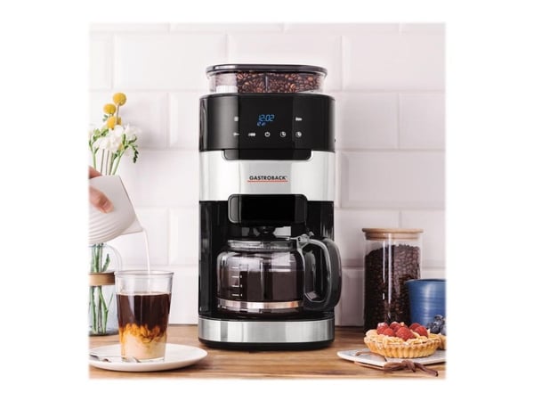 Gastroback Grind & Brew Pro, Suodatinkahvinkeitin, 1,5 L, Kahvipavut, Jauhettu kahvi, Sisäänrakennettu jauhin, 900 W, Musta, Ruostumaton teräs