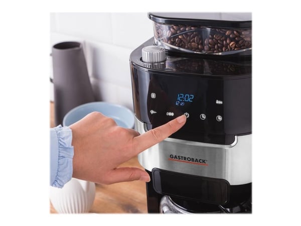 Gastroback Grind & Brew Pro, Suodatinkahvinkeitin, 1,5 L, Kahvipavut, Jauhettu kahvi, Sisäänrakennettu jauhin, 900 W, Musta, Ruostumaton teräs