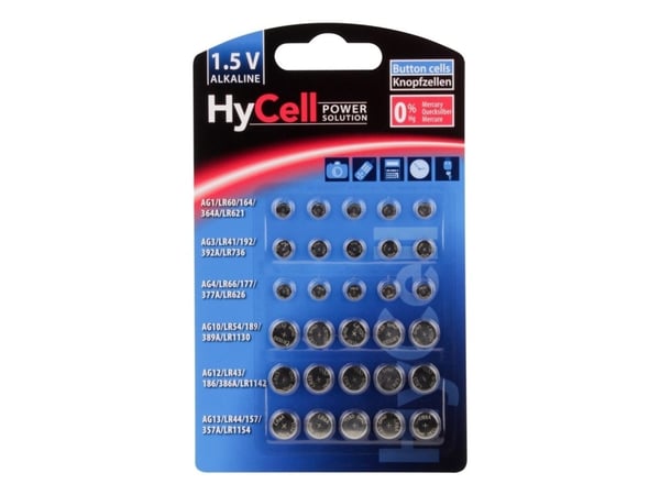 HyCell 5015473, Engangsbatteri, LR60, LR66, LR41, LR43, LR44, LR54, Alkalinsk, 1,5 V, 30 stykker, Sølv