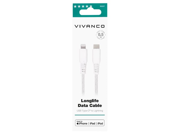Vivanco LongLife, 0,5 m, Lightning, USB C, Uros, Uros, Valkoinen