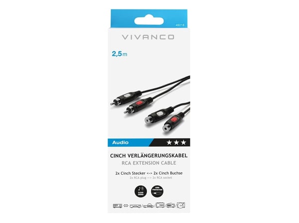 Vivanco 46/01 25, 2 x RCA, Hanstik, 2 x RCA, Hunstik, 2,5 m, Sort