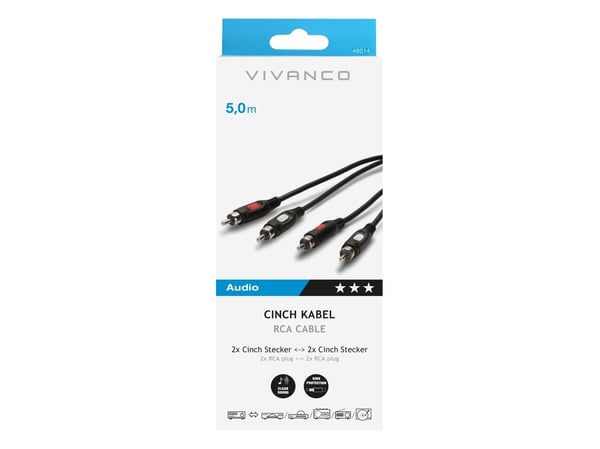 Vivanco 46/00 50, 2 x RCA, Hanstik, 2 x RCA, Hanstik, 5 m, Lajittelu