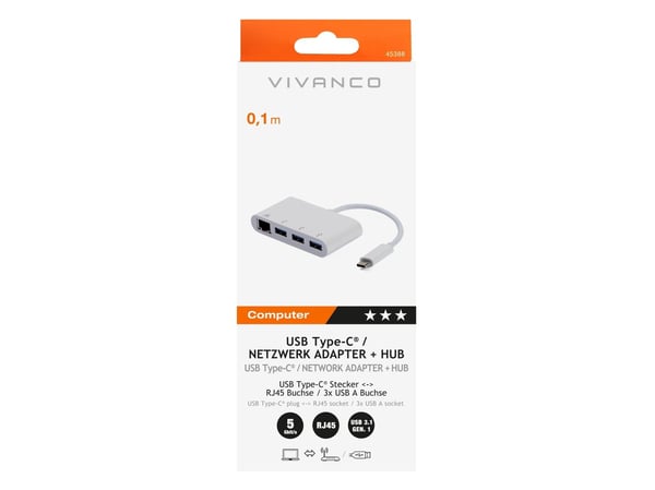 Vivanco CC UC UA3RJ45, USB 3.2 Gen 1 (3.1 Gen 1) Type-C, Valkoinen, RJ-45, USB 3.2 Gen 1 (3.1 Gen 1) Type-A, 0,9 A, Windows 10, Windows 7, Windows ...