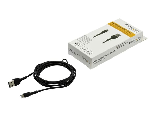 StarTech.com 6 ft(2m) Kestävä musta USB-A Lightning-kaapeli, Heavy Duty Rugged Aramid Fibre USB Type A to Lightning Charger/Sync Power Cord, Apple ...