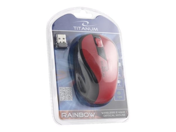 Titanum Rainbow 3D - Mus - optisk - 3 knappar - trådlös - 2.4 GHz - trådlös USB-mottagare - röd