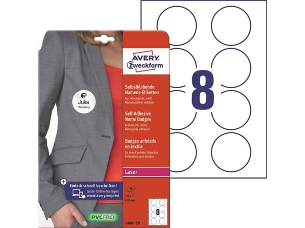 Avery L4881-20, Hvit, Rund, Avtagbar, A4, Laser, 8 stykker