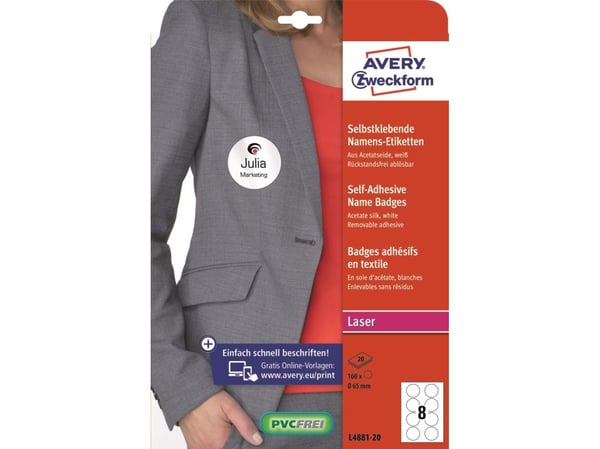 Avery L4881-20, Hvit, Rund, Avtagbar, A4, Laser, 8 stykker