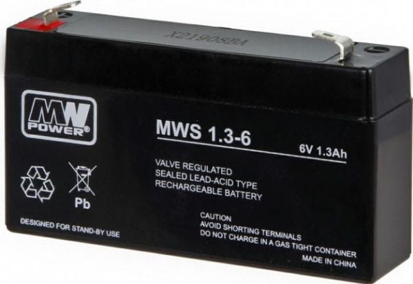 MW Power MWS 1.3-6, Forseglet blysyre (VRLA), 6 V, 1 stykker, Sort, 1,3 Ah, 310 g