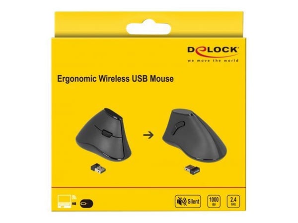 Delock Ergonomic - Vertikal mus - ergonomisk - høyrehendt - optisk - 5 knapper - trådløs - 2.4 GHz - USB trådløs mottaker - svart - løsvekt