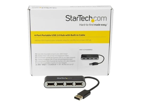 StarTech.com Bärbar USB 2.0-hubb med 4 portar och inbyggd kabel - Hubb - 4 x USB 2.0 - skrivbordsmodell