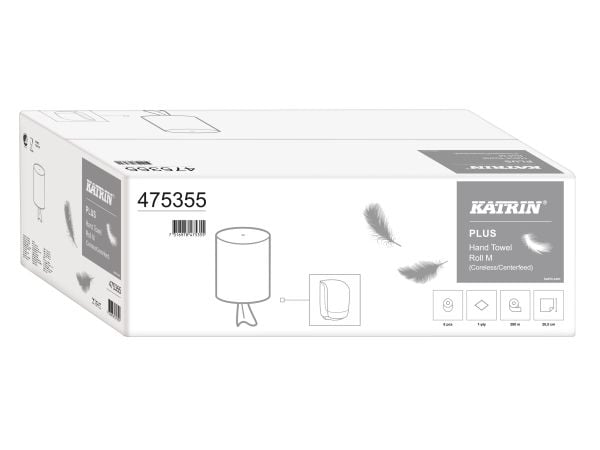 Handdukspapper Katrin Plus 1-lagers Ø19xB20,5cmxL280m o/perforering m/ hylsa Nyfiber vit, 6 rl/krt
