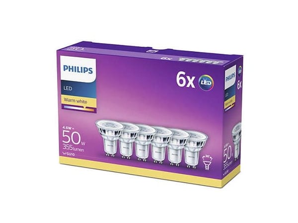 Philips Kohdelamppu 50W PAR16 GU10 x6, 4,6 W, 50 W, GU10, 355 lm, 15000 h, Lämmin valkoinen