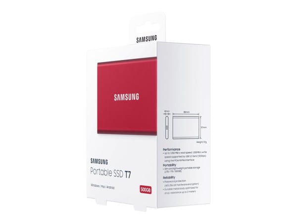 Samsung Portable SSD T7, 500 GB, USB Type-C, 3.2 Gen 2 (3.1 Gen 2), 1050 MB/s, Salasanasuojaus, Punainen
