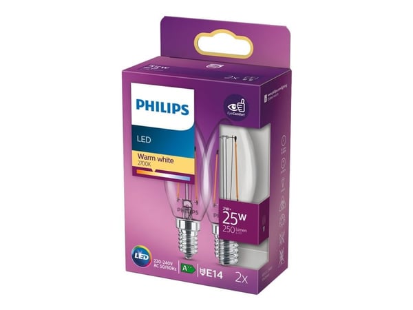 Philips - LED-glödlampa med filament - form: B35 - klar finish - E14 - 2 W (motsvarande 25 W) - klass E - varmt vitt ljus - 2700 K - transparent (p...