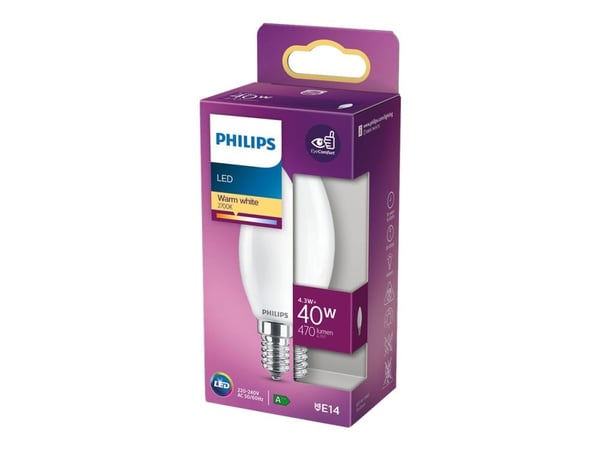 Philips - LED-lyspære - form: B35 - mattslipt finish - E14 - 4.3 W (ekvivalent 40 W) - klasse F - varmt hvitt lys - 2700 K