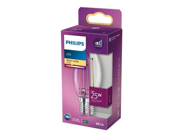 Philips - LED-filamentlyspære - form: B35 - klar finish - E14 - 2 W (ekvivalent 25 W) - klasse E - varmt hvitt lys - 2700 K - gjennomsiktig