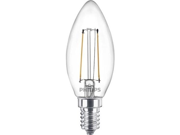Philips - LED-filamentlyspære - form: B35 - klar finish - E14 - 2 W (ekvivalent 25 W) - klasse E - varmt hvitt lys - 2700 K - gjennomsiktig