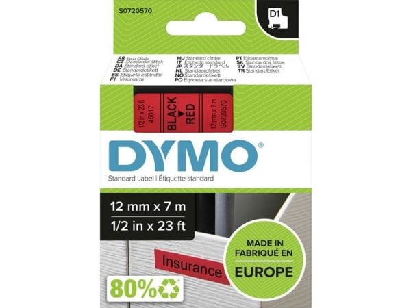 Tekstinauha Dymo D1, 12 mm, lajittelu/rød