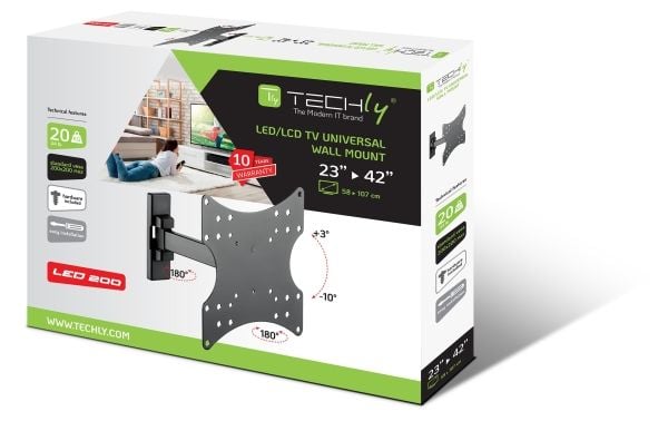 Techly ICA-LCD 2901E, 58,4 cm (23"), 106,7 cm (42"), 75 x 75 mm, 200 x 200 mm, -10 - 3°, Sort