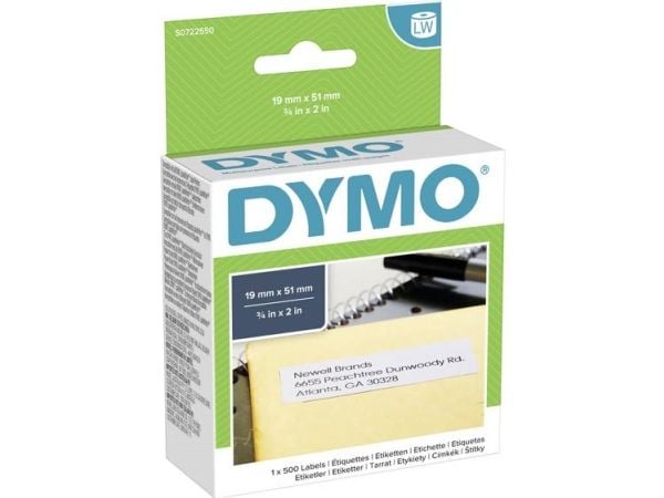 DYMO LW - Yleistarrat - 19 x 51 mm - S0722550, Valkoinen, Itse kiinnittyvä tulostintarra, Paperi, Irroitettava, Suorakulmio, LabelWriter