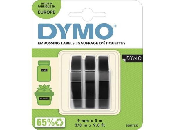 DYMO 3D prægetape 9mm x 3m sort selvklæbende - (3 stk.)