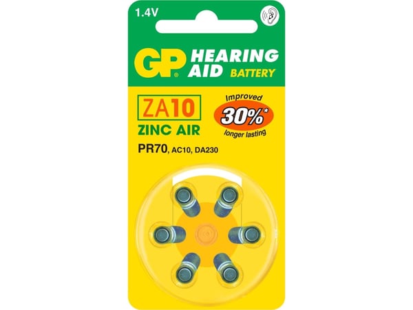 GP Batteries Hearing Aid ZA10, Engangsbatteri, PR70, Zink-luft, 1,4 V, 6 stykker, 3,6 mm GP Batteries Hearing Aid ZA10, Engangsbatteri, PR70, Zink-luft, 1,4 V, 6 stykker, 3,6 mm