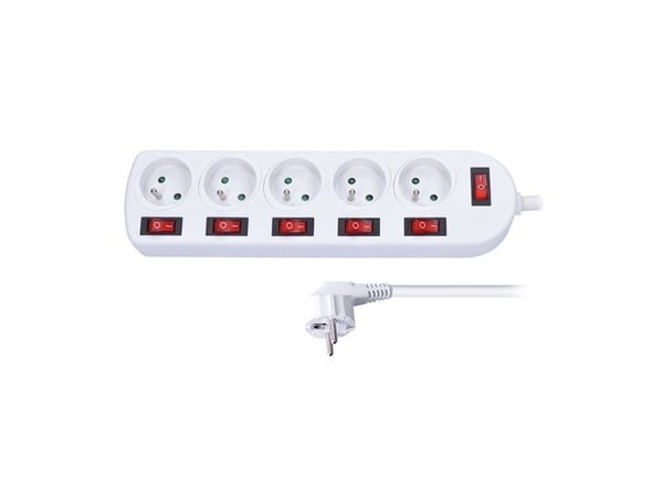 Solight PP144, 5 AC-pistorasia(a), 230 V, 10 A, Valkoinen, 3 m, 1 kpl