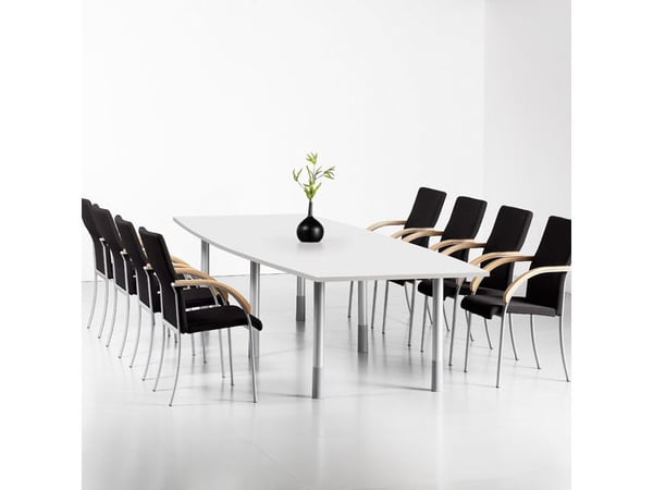 Konferencebord Consensus, Hvid 2800x1000 mm bådformet, Alugrå understel