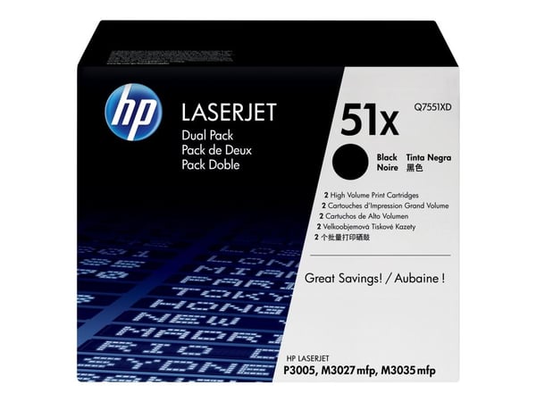 HP 51X, alkuperäinen riittoisa musta LaserJet-värikasetti, kaksoispakkaus, 26000 sivua, Musta, 2 kpl