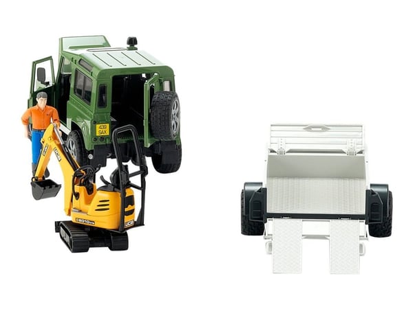 Bruder Land Rover Defender with trailer, JCB excavator and man toy
