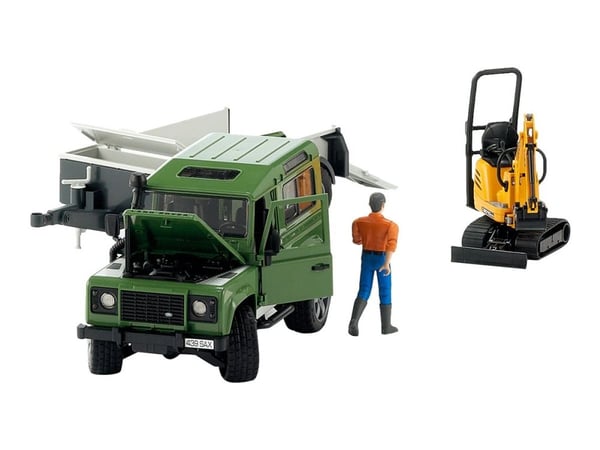 Bruder Land Rover Defender with trailer, JCB excavator and man toy