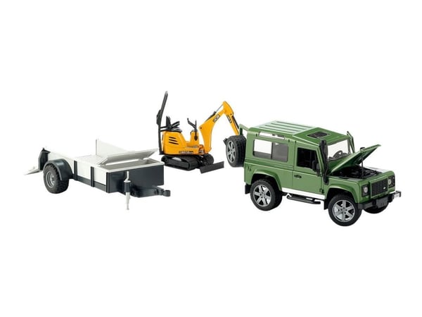 Bruder Land Rover Defender with trailer, JCB excavator and man toy