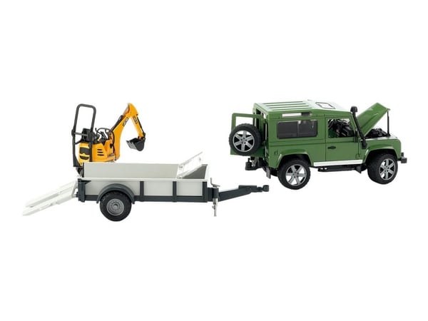 Bruder Land Rover Defender with trailer, JCB excavator and man toy