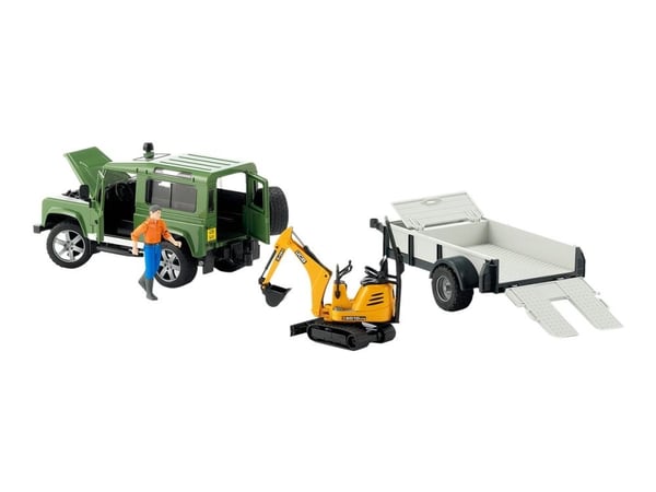 Bruder Land Rover Defender with trailer, JCB excavator and man toy