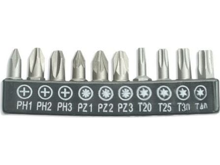 Dedra bitssett 10 deler, 25 mm: SL5.5, 6.5, PH1/2 (2 stk), PZ1/2 (2 stk) (18A07S11)