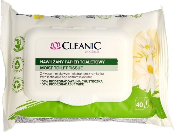 Cleanic kostutettu wc-paperi kamomillauutteella 1op.-40kpl Cleanic kostutettu wc-paperi kamomillauutteella 1op.-40kpl