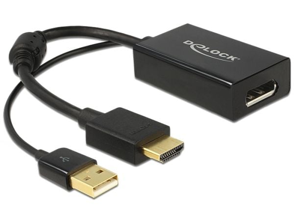 Delock 62667 HDMI / DisplayPort-sovitin [1x HDMI-stik - 1x DisplayPort-bøsning] Sort forgyldte stik, med ferritkerne 25.00 cm