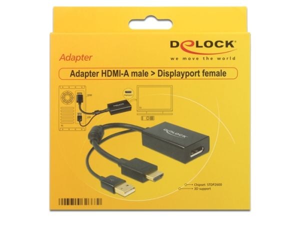 Delock 62667 HDMI / DisplayPort-sovitin [1x HDMI-stik - 1x DisplayPort-bøsning] Sort forgyldte stik, med ferritkerne 25.00 cm