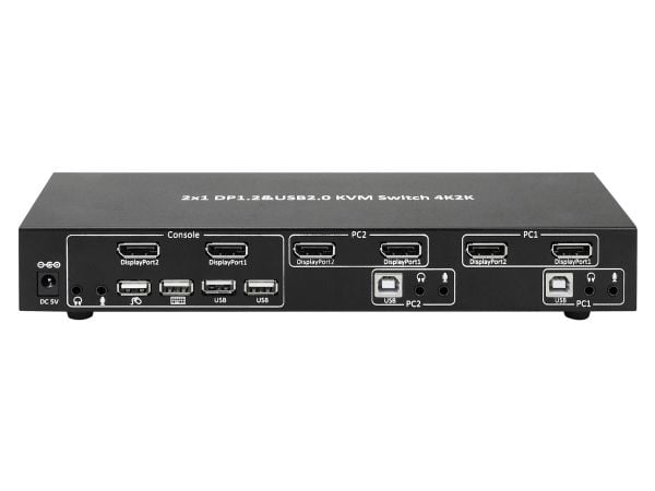 TECHly 2-Port DisplayPort1.2 Dual-Monitor KVM Switch - KVM / lyd / USB-svitsj - 2 x KVM/lyd - 1 lokalbruker - stasjonær