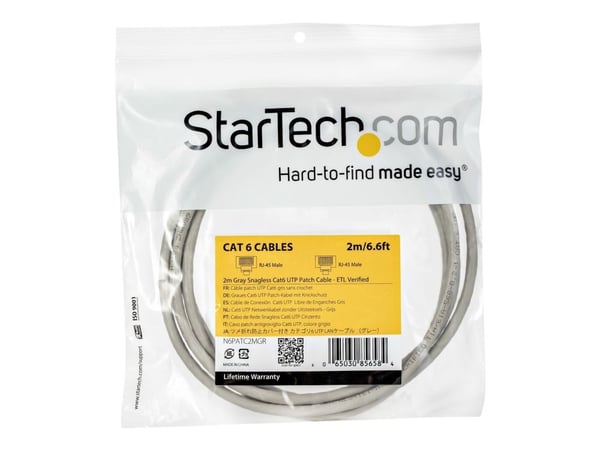 StarTech.com N6PATC2MGR, 2 m, Cat6, U/UTP (UTP), RJ-45, RJ-45, Harmaa