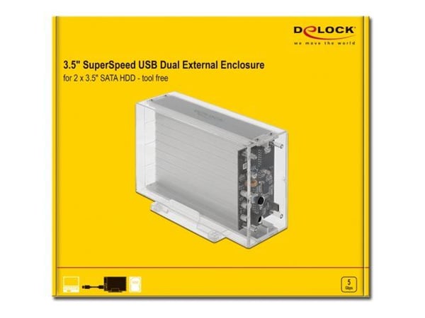 DeLOCK 42624, HDD-/SSD-kotelo, 2.5/3.5", SATA, Hot-swap, USB-liitettävyys, Läpinäkyvä